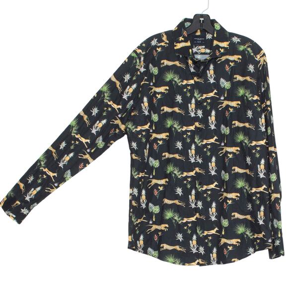 Grand Frank Mens Shirt Cheetah Statement Bold Safari Button Up Black 33/44 17.5 - Picture 5 of 5